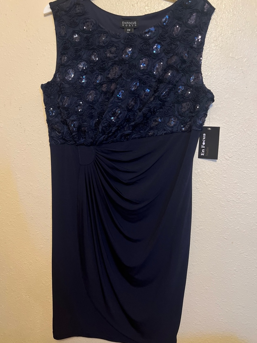 Enfocus Studio Navy Sequin Rosette Draped Sheath Dress